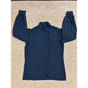 David Matthew Blouse Womens 6 Navy Blue Excellent Windowpane Mock Neck Balloon